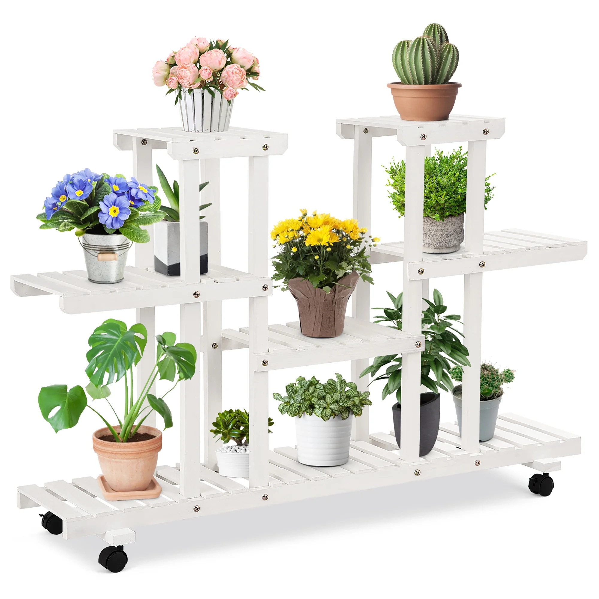 4-Tier Rolling Flower Rack Wood Plant Stand Casters 12 Pots Bonsai Display Shelf | Walmart (US)