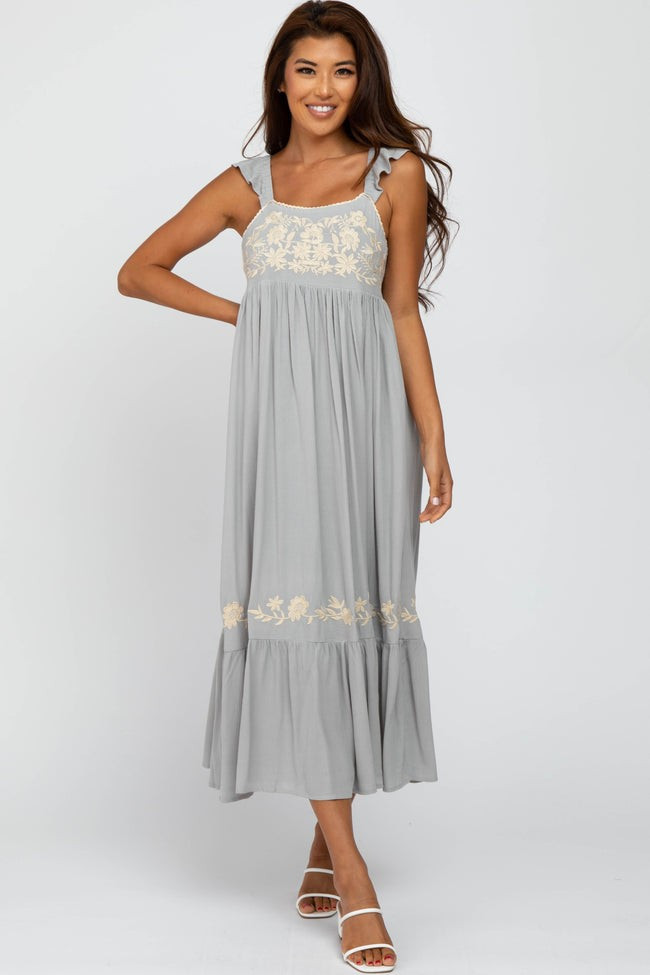 Grey Floral Embroidered Midi Dress | PinkBlush Maternity