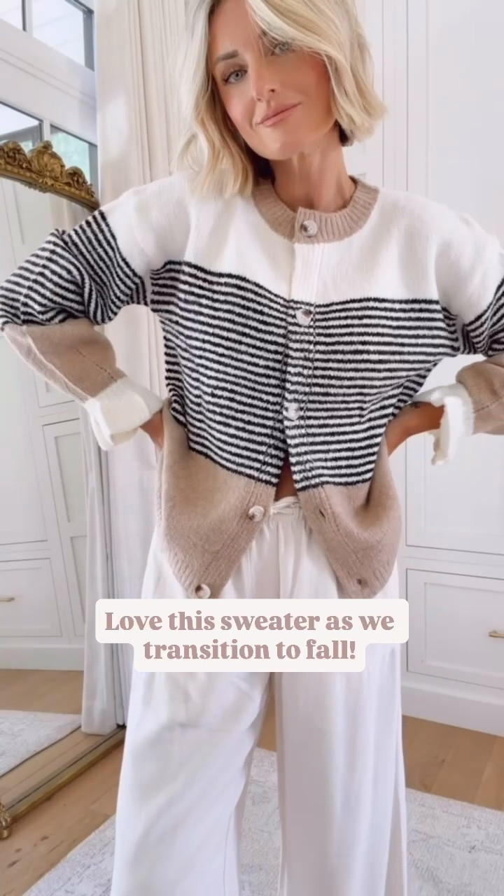 This might be one of my best Amazon sweater finds! I love the fit, and all the neutral colors together! The stripes is a nice a touch of pattern! So excited about this! Wearing S! Loverly Grey, Amazon, cardigan, fall cardigan, fall workwear, jelly flats, wide leg pants

#LTKootd #LTKSeasonal