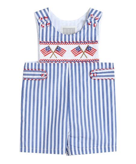 Dark Blue & White Stripe American Flag Smocked Shortalls - Infant & Toddler | Zulily