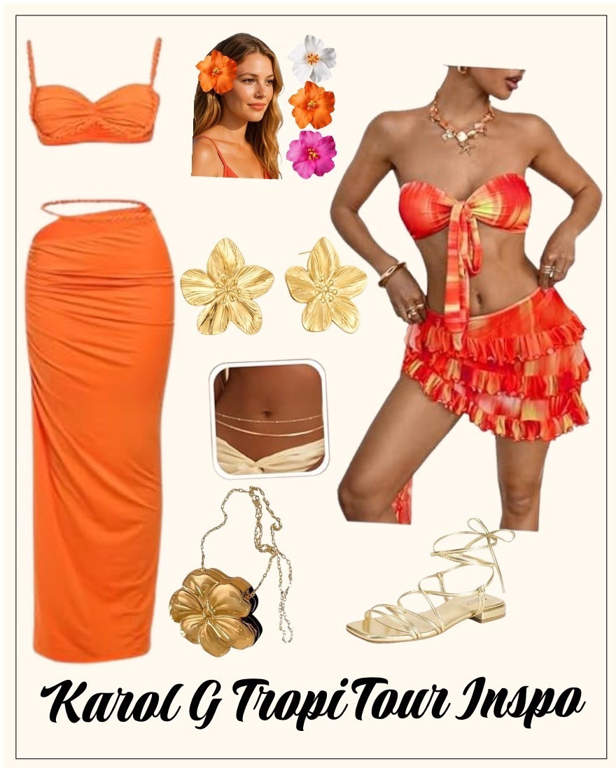 Get ready to bring the heat to the Karol G TropiTour. This look is all about that Tropicoqueta energy—vibrant oranges, sunset gradients, and gold floral accents. Since we are going to be dancing all night, I paired this with gold lace up sandals to keep it cute but comfortable.

For my curly girls: This fit screams big volume. I am thinking a wash and go with a touch of shimmer oil to match those gold accessories. Don’t forget to tuck a hibiscus behind your ear to complete the vibe.


Prepárate para brillar en el TropiTour de Karol G. Este look captura toda esa energía Tropicoqueta: naranjas vibrantes, degradados de atardecer y detalles florales en dorado. Como vamos a bailar toda la noche, elegí estas sandalias doradas para estar cómoda sin perder el estilo.
Para mis chicas rizadas, este outfit pide a gritos mucho volumen. Me imagino un wash and go con un toque de aceite con brillo para combinar con los accesorios. No olvides la flor en el cabello para cerrar el look con broche de oro.


Karol G TropiTour outfit ideas, Tropicoqueta energy, tropical concert fashion, curly hair concert styles, Latina fashion blogger, Manana Sera Bonito tour style, orange monochromatic look, gold festival accessories, curly hair routine for concerts, outfits para concierto de Karol G, moda tropical, rizos naturales. #KarolG #TropiTour #Tropicoqueta #MananaSeraBonito #ConcertOutfit #CurlyHair #LatinaStyle #LTKfashion #OOTD #BichotaSeason #TropicalVibes


#LTKgrwm #LTKTravel #LTKootd