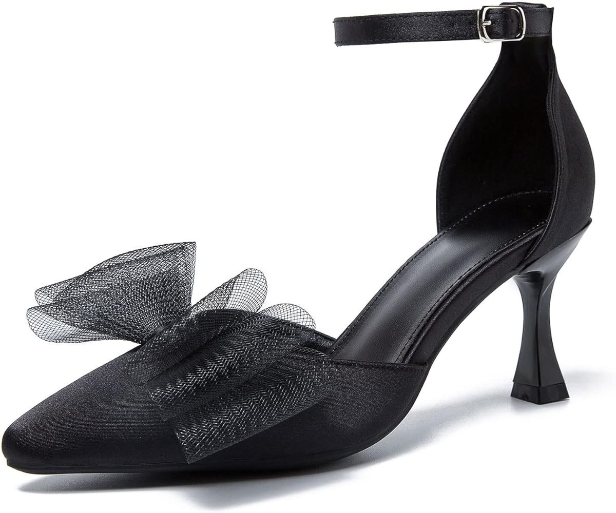 Amazon.com | LIURUIJIA Women's Low-Heel Strappy Closed Toe Stiletto Pumps Pointed Toe Mesh Bows A... | Amazon (US)