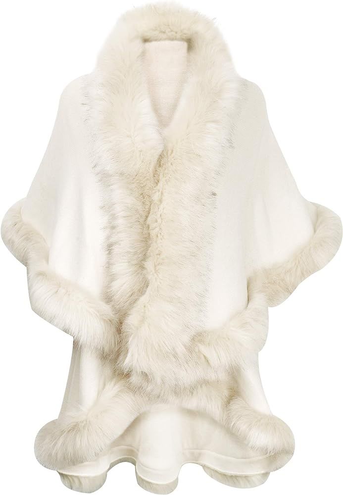 ZLYC Women Fine Knit Open Front Faux Fur Trim Layers Poncho Cape Cardigan Sweater | Amazon (US)