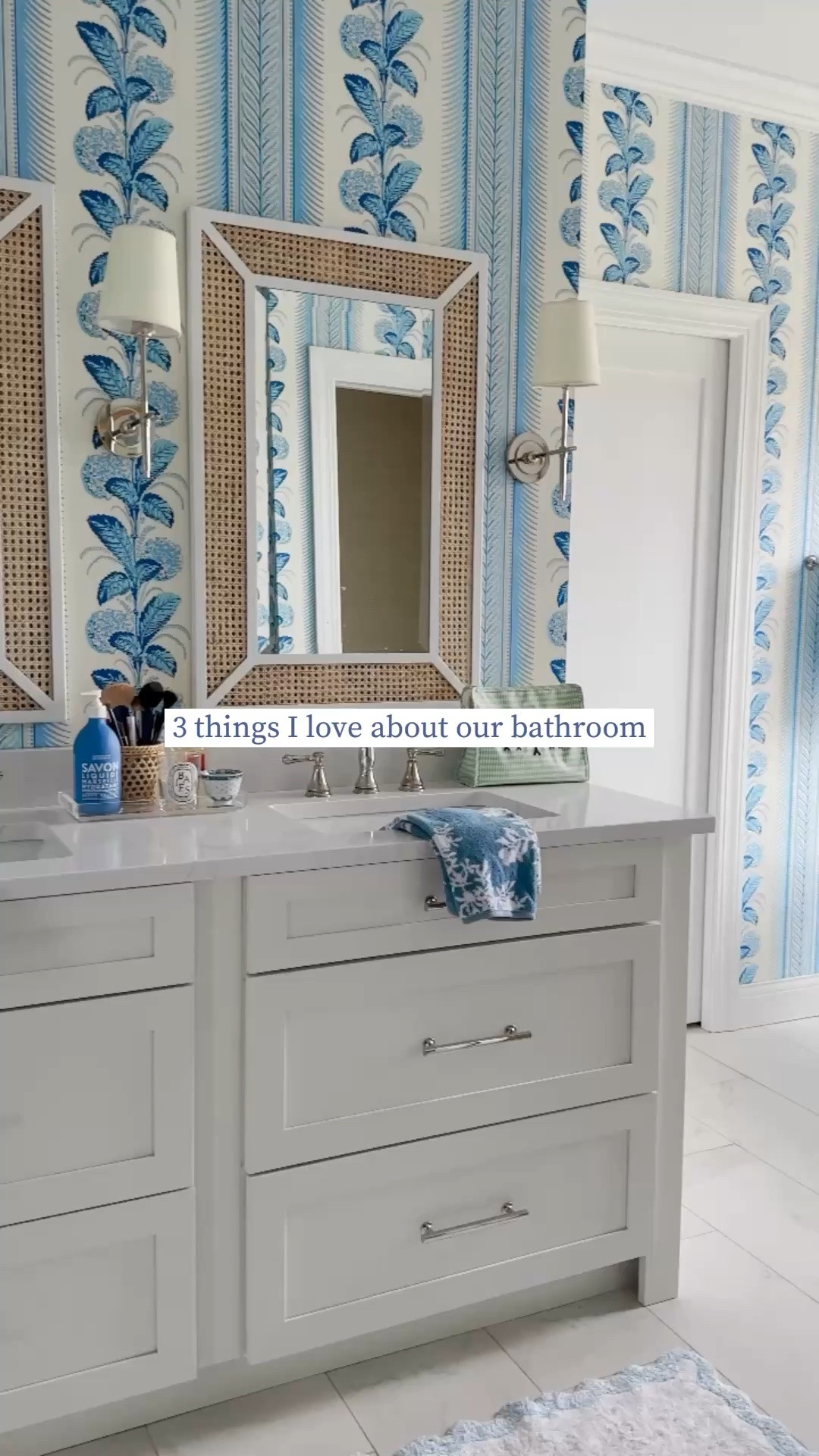 Caption for tomorrow 

3 things I love about our bathroom 🛁

• Heated floors — that warm step in the morning never gets old
• Motorized shades — effortless control over the natural light
• Wallpaper — I’ve loved this climbing hydrangea pattern for years and still do 💙
