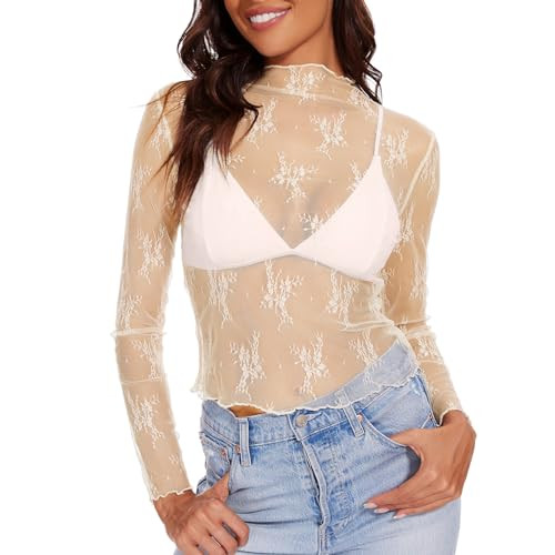 WHIPPY Womens Lace Long Sleeve Mesh Top Mock Neck Sheer Blouse Layering See Through Shirt Floral Embroidery Tops, Beige, XL | Amazon (US)