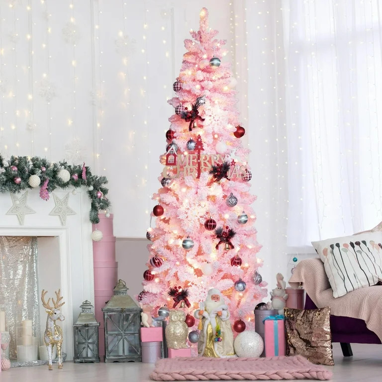 VEIKOUS 6.5ft Pink Christmas SlimTree, Pre-Lit Pencil Artificial Hinged Tree W/ Metal Stand for H... | Walmart (US)