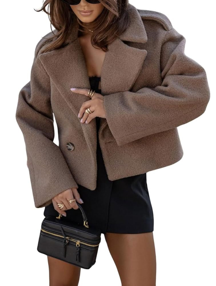 CHARTOU Women Crop Pea Coat Wool Blend Office Work Lapel Collar Short Winter Jacket Trench Coat | Amazon (US)