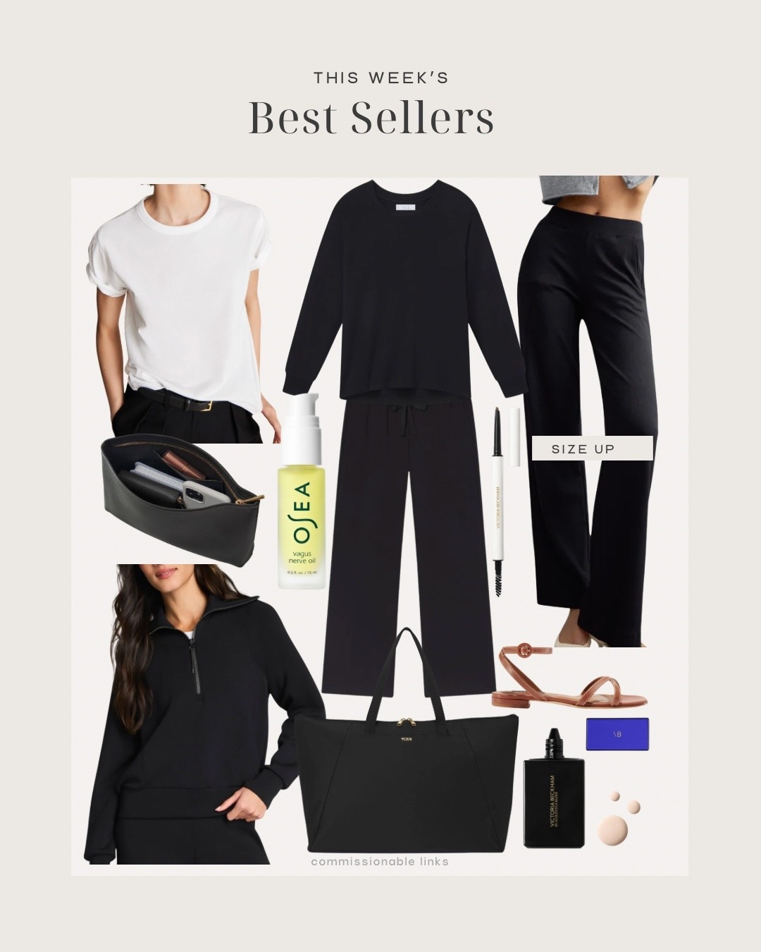 This week’s bestsellers!
Spanx air essentials half zip
Knit pants
Lounge set
Tshirt
Weekender bag
Travel pouch
The best sandals
Foundation drops 
Brow pencil 
Calming oil for stress (it’s the best!)