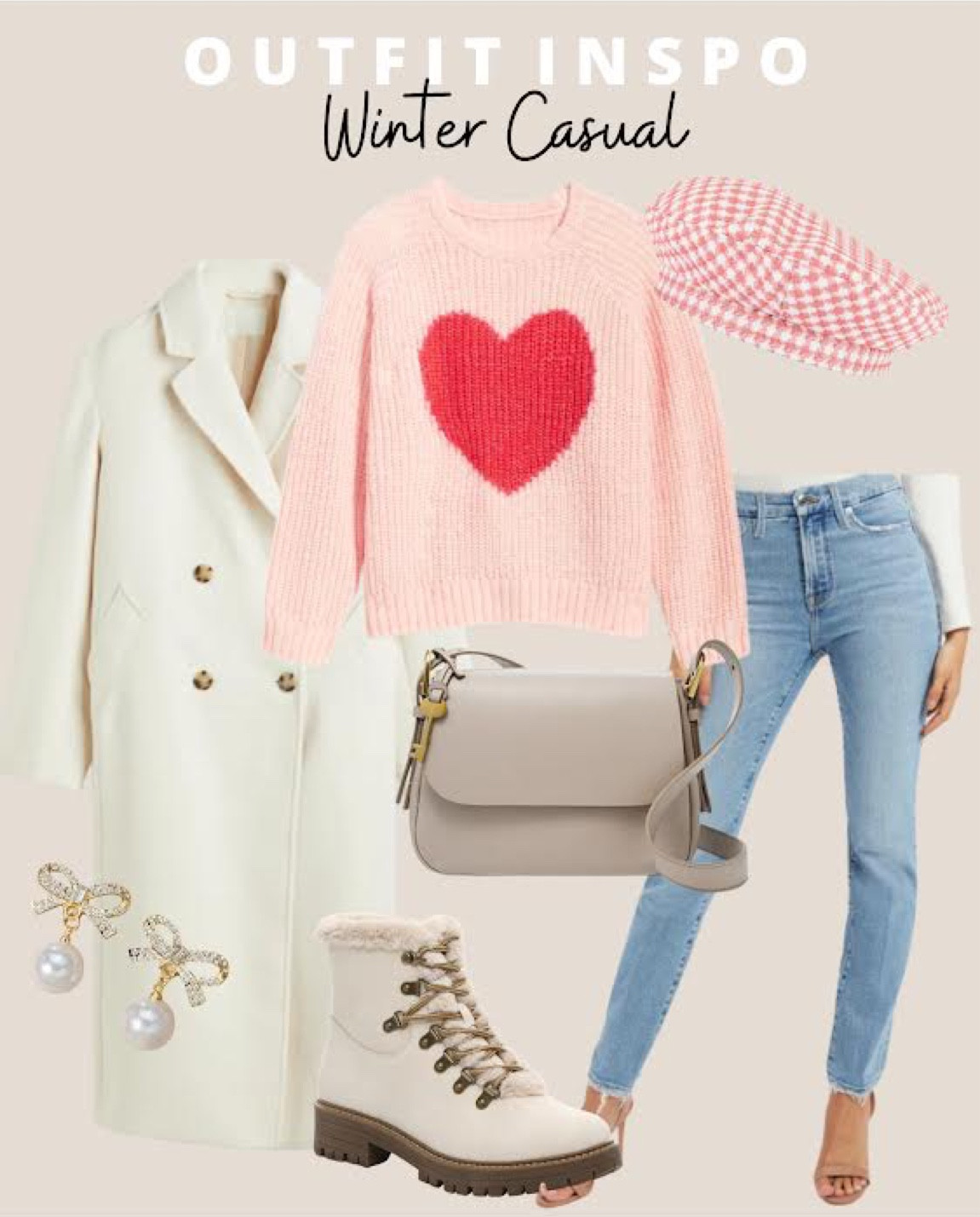 Winter Casual Outfit: Heart sweater (perfect for Valentine’s Day), light wash jeans, pink gingham beret, bone/cream wool overcoat, Sherpa-lined lace-up boots, taupe crossbody purse, bow pearl drop earrings

#LTKcurves #LTKSeasonal #LTKstyletip
