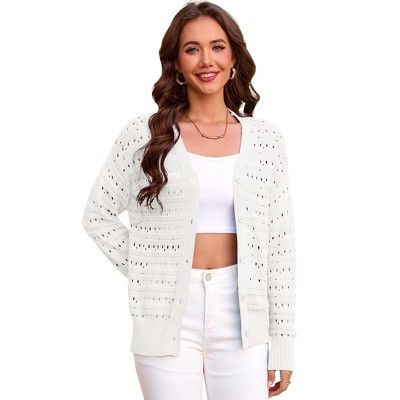 Women Lightweigt Hollow Out Knit Cardigan Long Sleeve Cropped Shrugs Spring Button Down Sweaters Tops White XXL | Target
