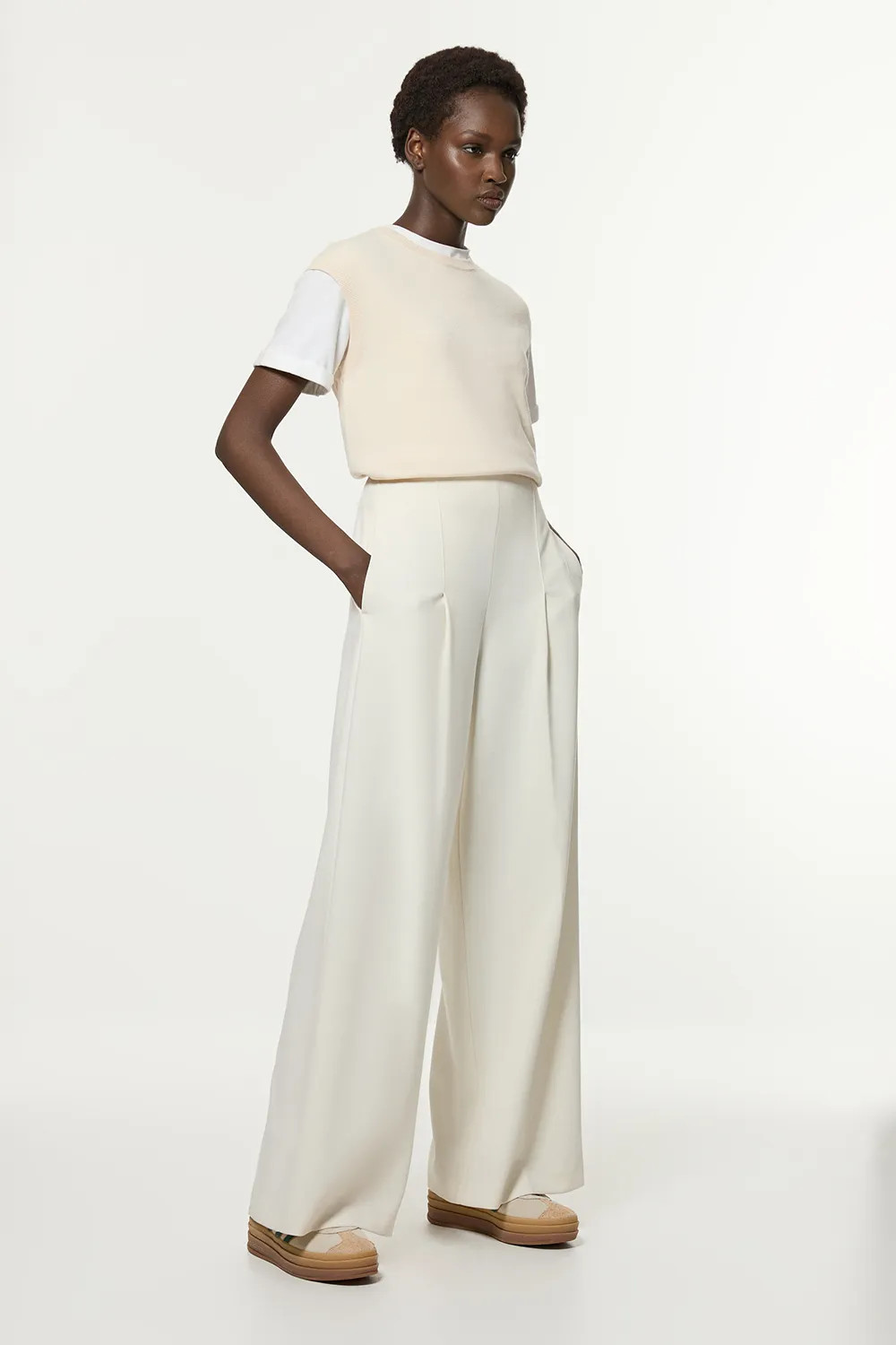 Ivory Forever Compact Stretch Essential Wide Leg Tailored Trouser | Karen Millen | Karen Millen UK + IE + DE + NL