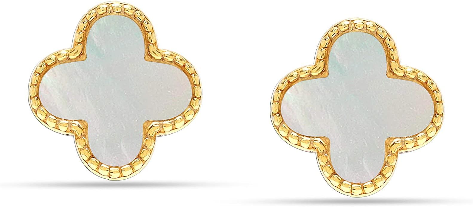 LeCalla 925 Sterling Silver 14K Gold-Plated Mother of Pearl Zirconia Stud Clover Flower Duck Dang... | Amazon (US)