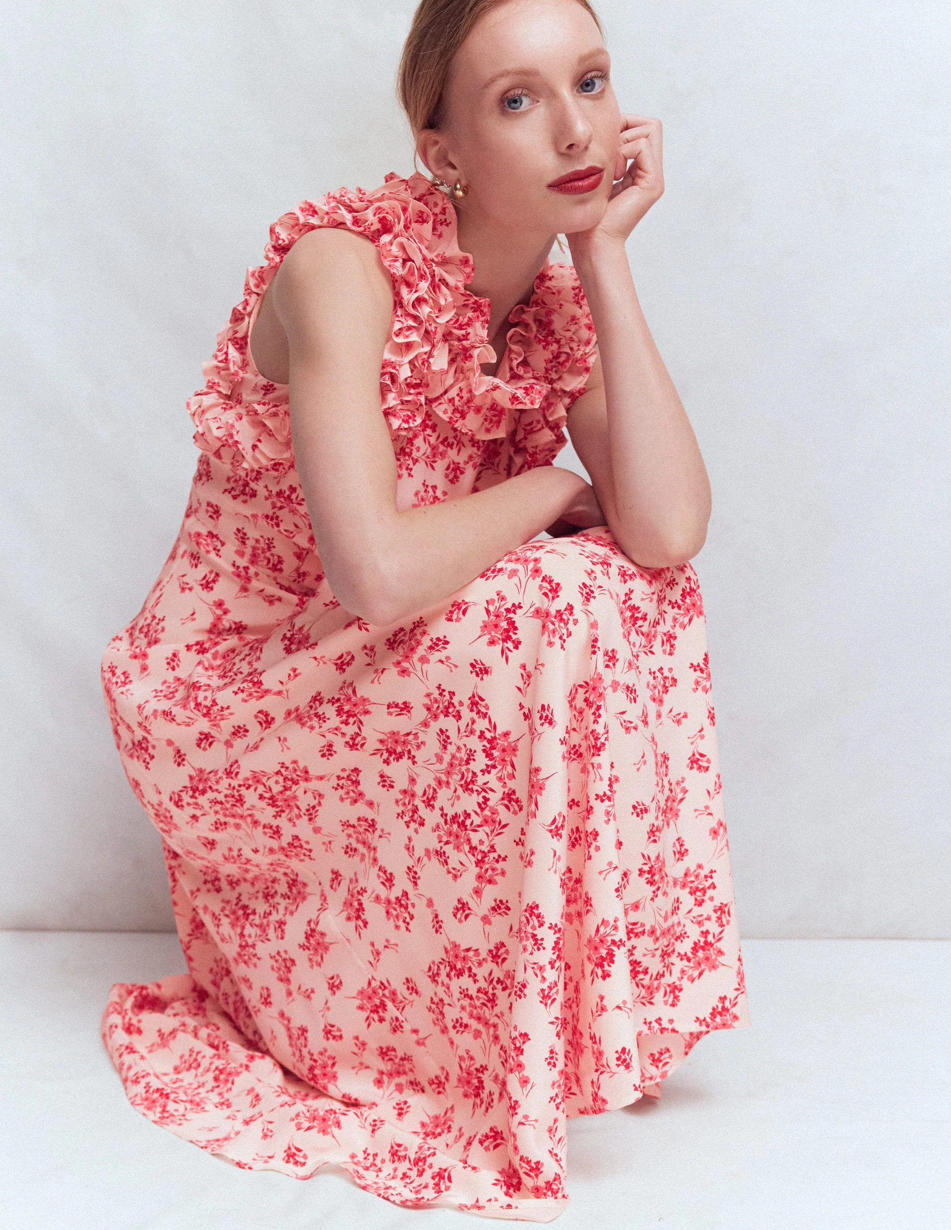 Ruffle Silk Midi Dress-Pink Bloom Scatter Mono | Boden (US)