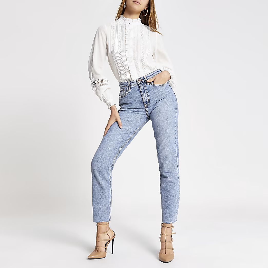 White embroidered frill long sleeve shirt | River Island (UK & IE)