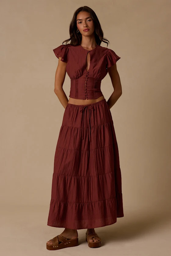 Owens Rust Brown Drawstring Tiered Maxi Skirt | Lulus