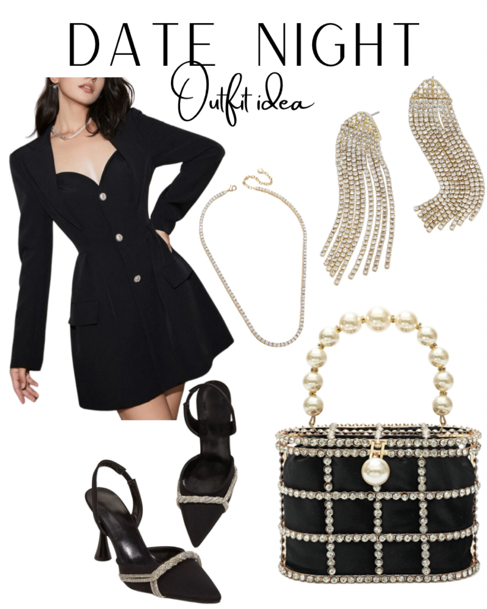 Sweetheart neck rhinestone button black dress, tassel rhinestone earrings, simple necklace, rhinestone heels, pearl handle rhinestone bag— perfect date night outfit ✨🖤

#LTKFind #LTKstyletip #LTKbeauty