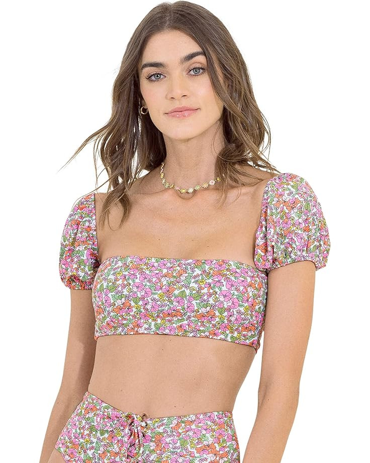 Petite Pom-Pom Ebony Puff Sleeve Crop Top | Zappos