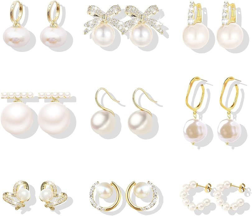 9 Pairs Pearl Earrings for Women Pearl Hoop Huggie Earrings Rhinestone Bow Earrings Set Pearl Dan... | Amazon (US)