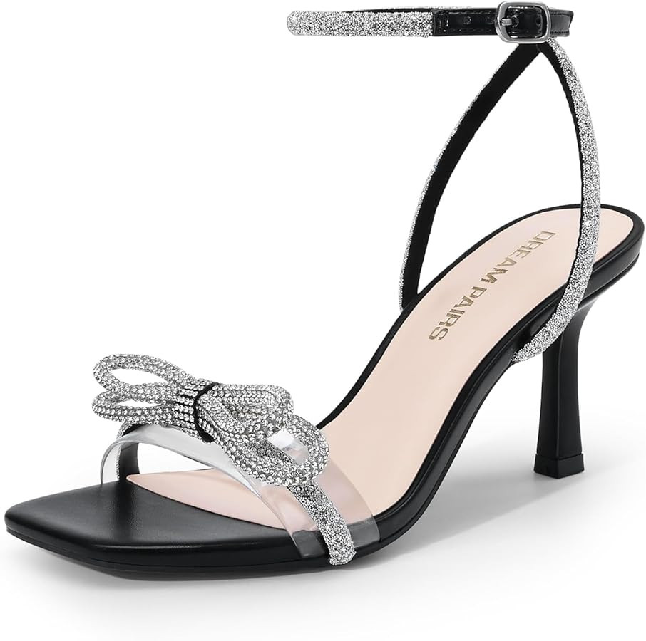 DREAM PAIRS Women's Double Bowknots Heels Open Square Toe Ankle Strap Crystal Rhinestone Dress Sa... | Amazon (US)