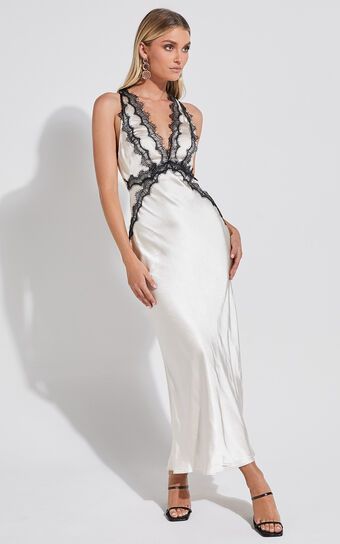 Kaylia Midi Dress - Lace Detail Satin Dress in Oyster | Showpo (ANZ)