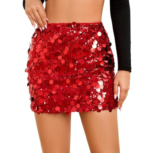 Sequin Skirt for Women Stretchy Bodycon Mini Skirts Sexy Sparkly Skirt Glitter Shiny Skirt Night Out Party Red | Amazon (US)