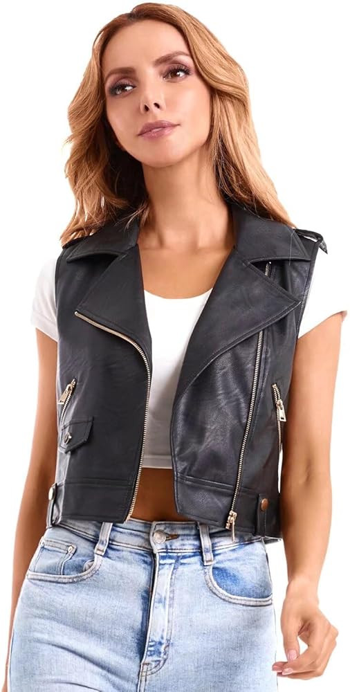 DIASHINY Faux Leather Vest For Women Lapel Sleeveless Moto Slim Fit PU Motorcycle Biker Waistcoat | Amazon (US)