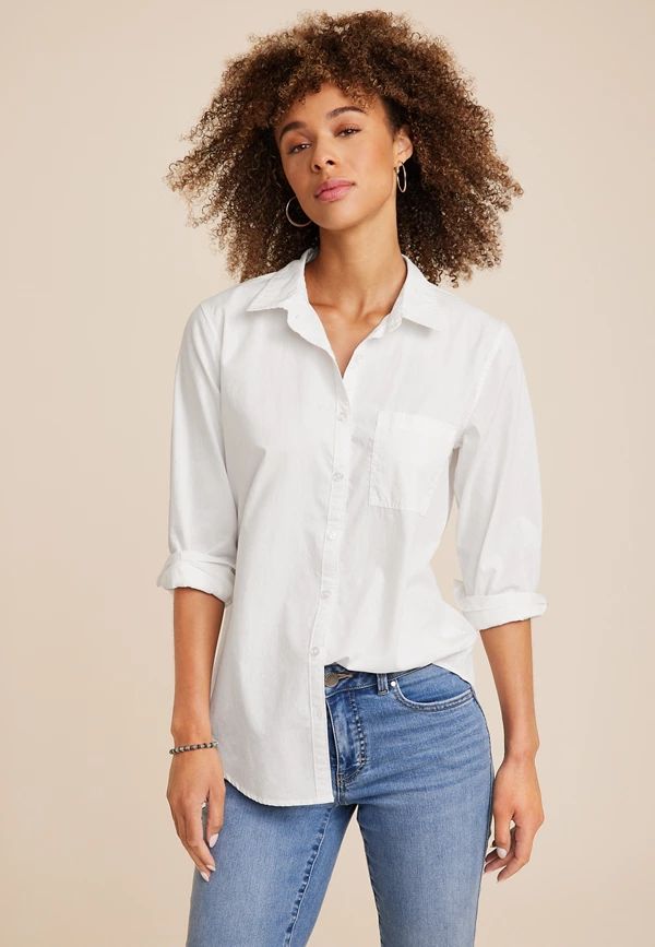 White Cotton Button Up Shirt | Maurices