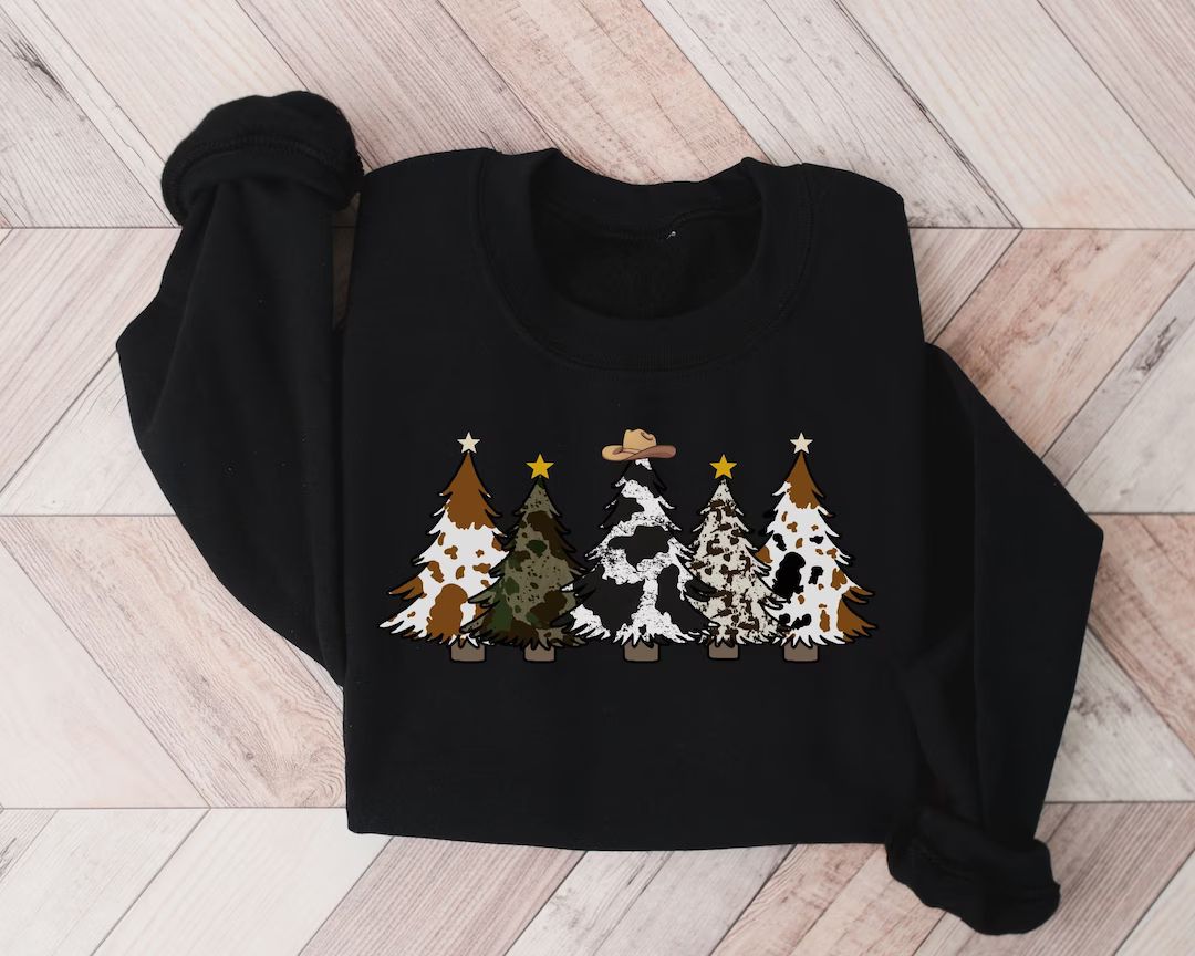 Country Christmas Sweatshirt Cute Cowhide Sweatshirt Holiday - Etsy | Etsy (US)