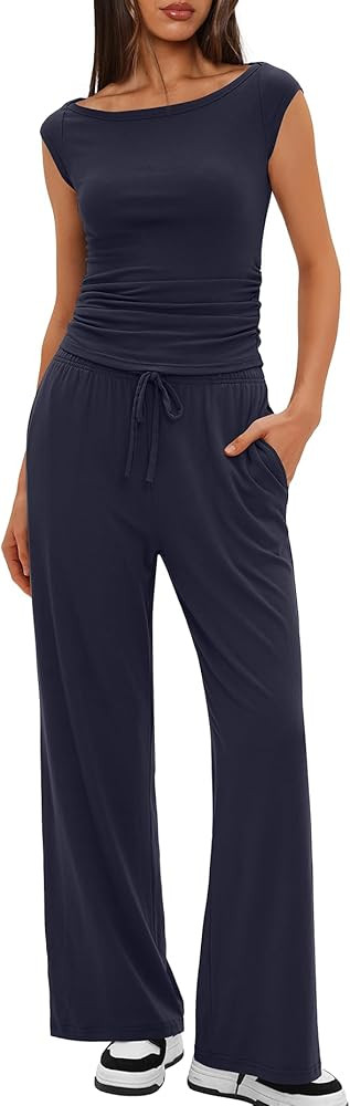 Darong Women 2 Piece Lounge Set Cap Sleeve Boat Neck Top Wide Leg Pants Set Summer Outfit Two Pie... | Amazon (US)