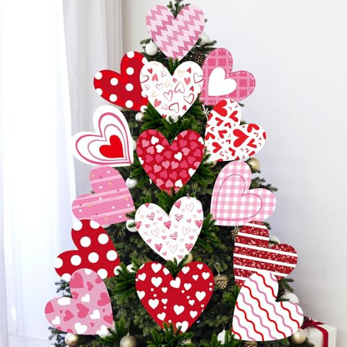 Heart Valentine's Day Decorations for Tree - 15pcs Large Valentine's Day Ornaments with Sticks, Cute Candy Tree Topper, Heart Picks for Vase Filler Wall Outdoor Home Wedding Party | Amazon (US)