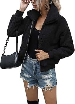 Women's Lapel Fleece Shearling Jacket Cropped Teddy Bear Jacket Zipper Faux Fur Coat | Amazon (US)