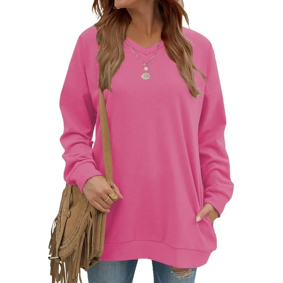 Fantaslook V Neck Sweatshirts for Women Casual Long Sleeve Tops Oversized Sweatshirt With Pockets | Walmart (US)