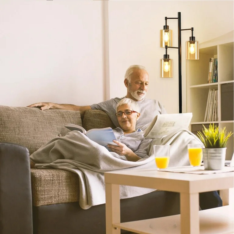 DingLiLighting 3 Light LED Industrial Floor Lamp with Elegant Amber Glass Shade for Farmhouse, Li... | Walmart (US)