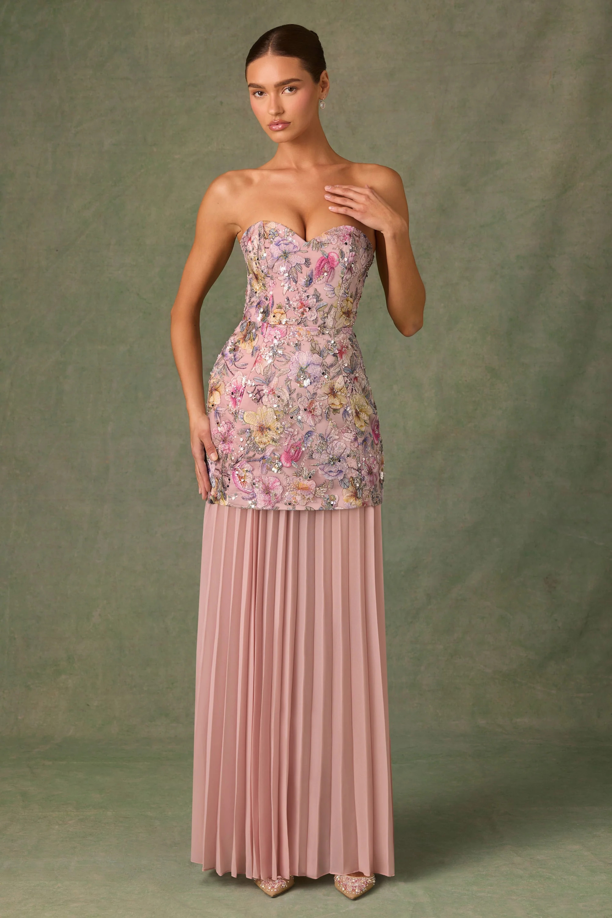 Embellished Convertible Lace-Up Gown in Floral Pink | Oh Polly