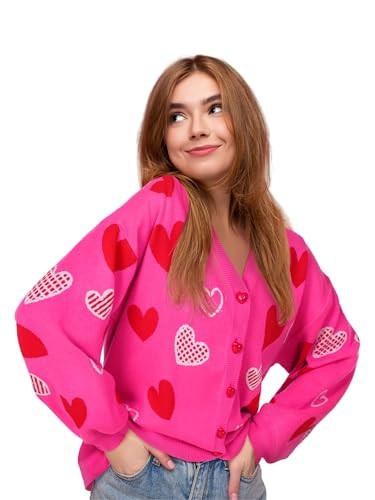 Twistover Valentines Day Heart Sweater Sequins Embroidery Love Heart Cardigan Sweater Knit Lightweight Cardigan Sweaters(Hot Pink Heart, Medium) | Amazon (US)