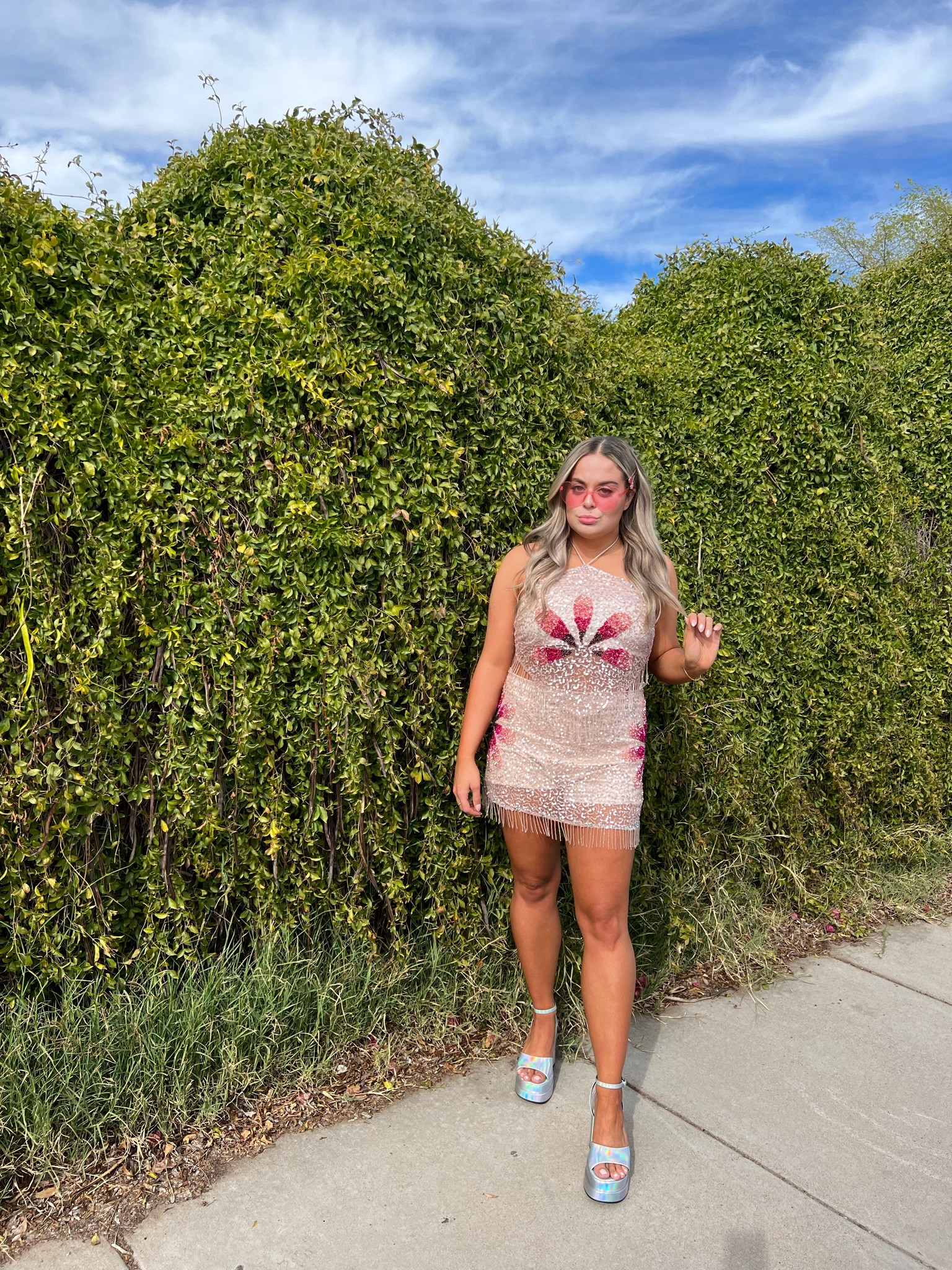 Revolve outfit, Taylor swift eras tour, eras tour outfit, pink sparkly outfit, revolve dresses, platform sandals, silver shoes, concert outfits, Coachella outfits 

Top: size M
Skirt: size M
Shoes: TTS 

#LTKFestival #LTKshoecrush #LTKstyletip