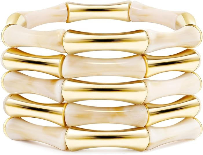 Gold Tube Bangle Bracelets for Women Stackable Bamboo Chunky Acrylic Beads Stretch Friendship Sum... | Amazon (US)