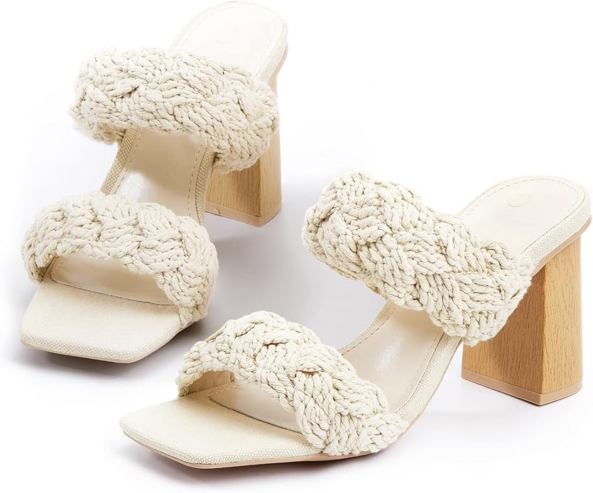 Womens Two Strap Heeled Slides Chunky Block Heels Sandals Braided Boho Dressy Summer Slip On Shoe... | Amazon (US)