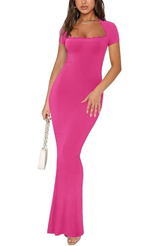 REORIA Womens Summer Square Neck Maxi Dress Lace Formal Tight Lounge Sexy Wedding Guest Elegant Ribbed Bodycon Long Dresses Rose Red Large | Amazon (US)