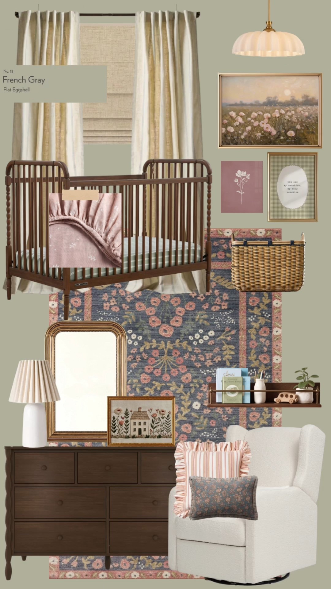 Moody English cottage nursery, but make it timeless 🤍🌿
This space was designed around an heirloom floral rug and layered with warm walnut wood, soft linens, muted sage-green walls, vintage-inspired art, and cozy textures for a calm + collected feel. The goal was a nursery that feels elevated, soothing, and gender-neutral — not themed, not overly trendy, just warm and beautiful for years to come.
I linked everything in this moodboard below: crib, dresser, glider, lighting, art, rug, curtains, crib bedding, and decor details ✨
Save this for nursery inspiration or if you’re designing a baby room with a cozy, old-world feel 🤍

nursery decor, nursery inspiration, gender neutral nursery, moody nursery, english cottage nursery, vintage nursery, cozy nursery, sage green nursery, walnut crib, floral rug, nursery lighting, nursery curtains, crib sheets, nursery furniture, baby room ideas

#LTKBaby #LTKHome #LTKBump