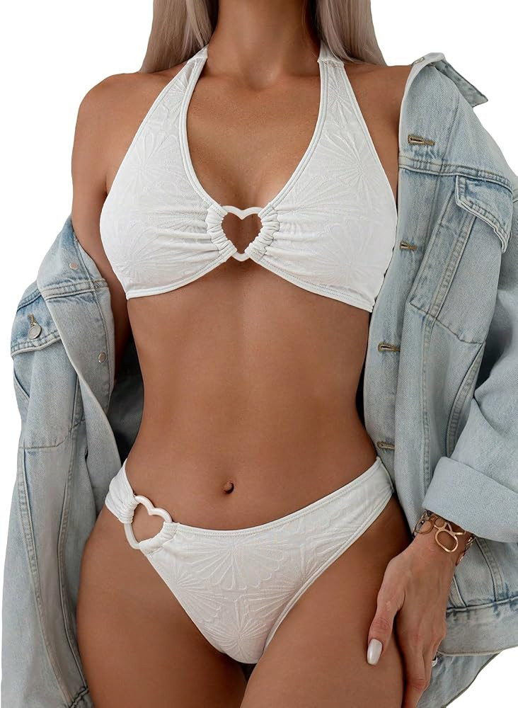 Verdusa Women's 2 Piece Swimsuit Heart Shaped Ring Decorated Halter Bikini Swimwear Set | Amazon (US)