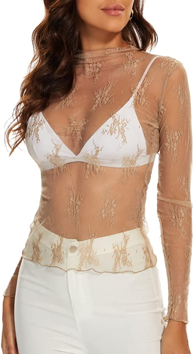 AILBBE Mesh Long Sleeve Layering Top for Women Mock Neck Floral Embroidery Sheer See Through Tee ... | Amazon (US)