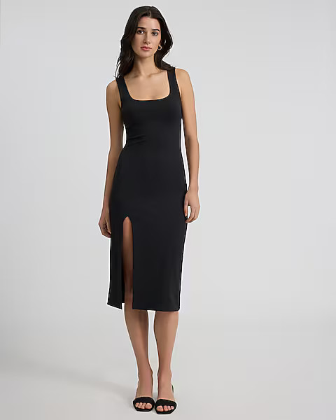 Body Contour Square Neck High Slit Midi Dress | Express