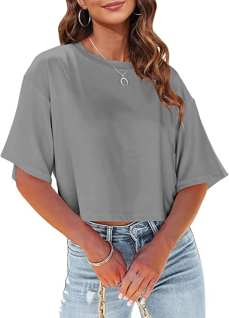 Tankaneo Women Half Sleeve Cropped T-Shirts Drop Shoulder Round Neck Crop Tops Casual Summer Soli... | Amazon (US)