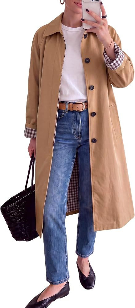 Dqbeng Women Trench Coat Single Breasted Lightweight Long Coat Classic Mid Length Jacket Overcoat... | Amazon (US)