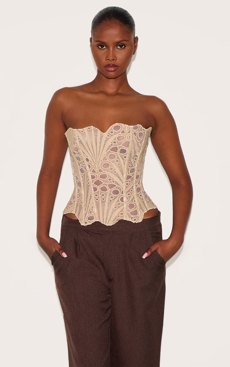 Almond Textured Sheer Floral Lace Corset | PrettyLittleThing US