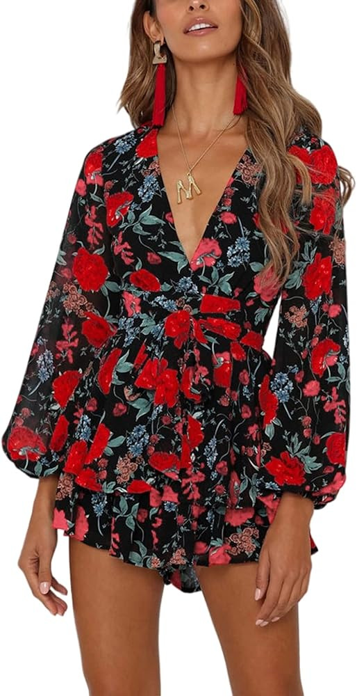 AIMCOO Women's Floral Print Deep V-Neck Romper Double Layer Ruffle Hem Jumpsuits Long Baggy Sleev... | Amazon (US)