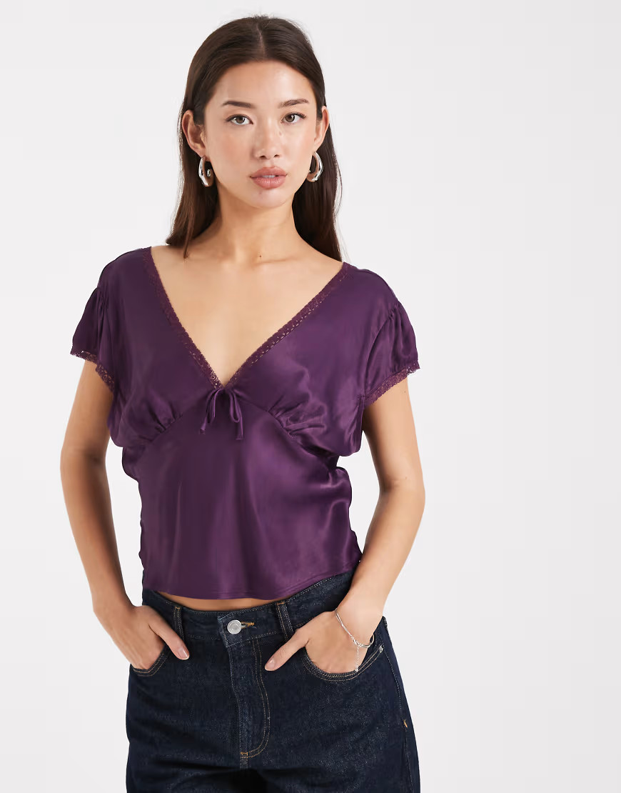 ASOS DESIGN lace trim satin blouse in plum-Purple | ASOS (Global)