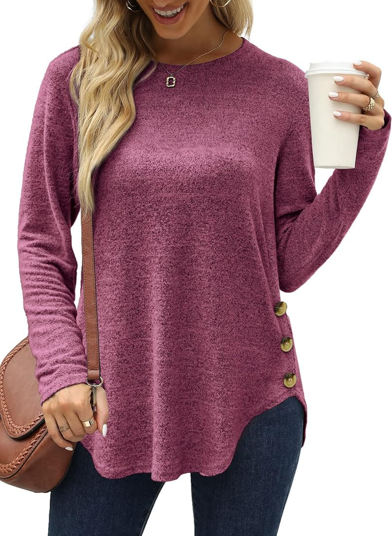WEESO Long Sleeve Shirts for Women Lightweight Crewneck Button Down Sweaters Tunic Tops | Amazon (US)