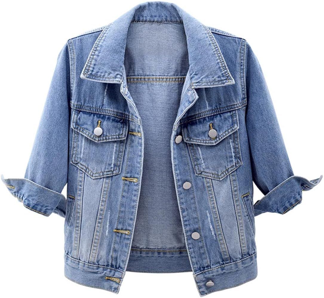Women's 3/4 sleeve cropped denim jacket ripped distressed jean jackets coat | Amazon (US)